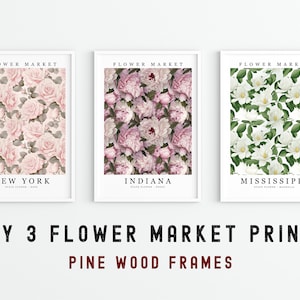 Paquete de flores nacionales/estatales: Conjunto de 3 impresiones - Marco de madera, Papel mate 170gsm, Cartel de arte de pared del mercado de flores Decoración floral Arte botánico