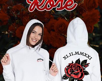 Custom ROSE Couples Hoodie Anniversary Gift for Her/Him. For Boyfriend, Girlfriend Personalize Sweatshirt Valentines Day, Birthday present.