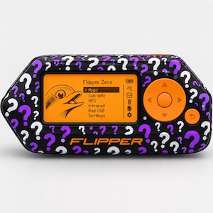 May include: A black Flipper Zero multi-tool device featuring a purple and white question mark pattern. The device has an orange screen displaying a dolphin icon and a menu with text including Flipper Zero, Apps, Sub-GHz, NFC, Infrared, Bad USB, and Settings.