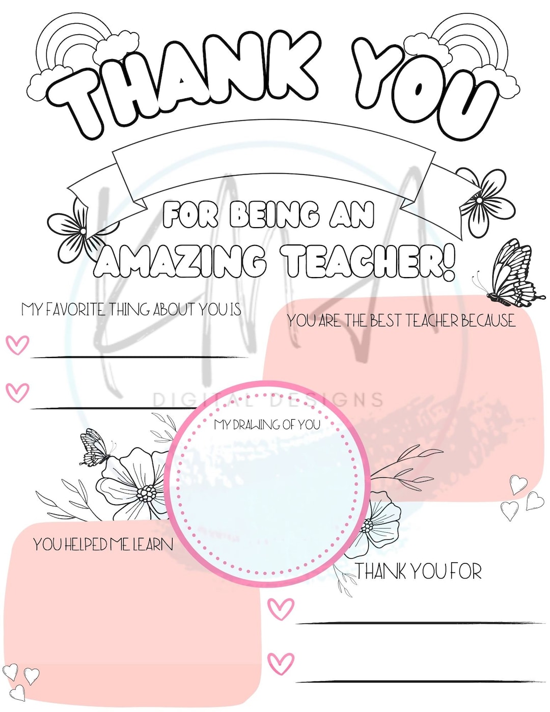 PDF Printable THANK YOU Teacher Template Etsy PDF Printable THANK YOU Teacher Template Etsy