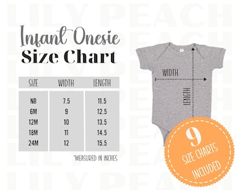 Rabbit Skins 4424 Size Chart, Baby Infant One-Piece Onesie Bodysuit Mockup Size Guide Measurements Downloadable