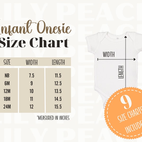 Rabbit Skins 4424 Size Chart, Baby Infant One-Piece Onesie Bodysuit Mockup Size Guide Measurements Downloadable
