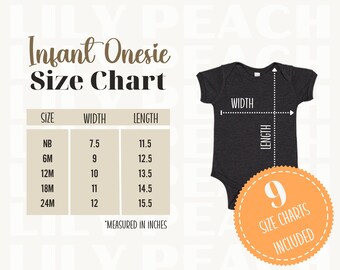 Rabbit Skins 4424 Size Chart, Baby Infant One-Piece Onesie Bodysuit Mockup Size Guide Measurements Downloadable