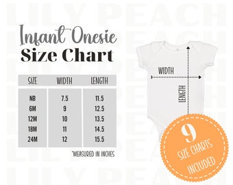 Rabbit Skins 4424 Size Chart, Baby Infant One-Piece Onesie Bodysuit Mockup Size Guide Measurements Downloadable