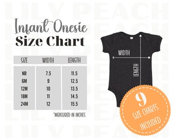 Rabbit Skins 4424 Size Chart, Baby Infant One-Piece Onesie Bodysuit Mockup Size Guide Measurements Downloadable