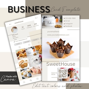 Carte de visite instagram de boulangerie, carte de visite modifiable en canva, carte code qr, modèle de carte de visite modifiable