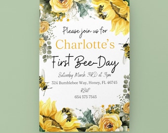 Girl first birthday bee day floral invitation printable template