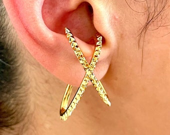 18K Gold Plated Spiky X Ear Cuff: No Piercing Single Earring