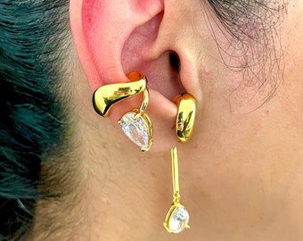 18K Gold Plated Ear Cuff: Zircon Drop, No Piercing Needed