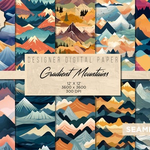 May include: A set of 10 digital papers featuring gradient mountain landscapes in various colors, including blue, green, orange, and pink. The papers are seamless and measure 12 inches by 12 inches at 300 DPI.