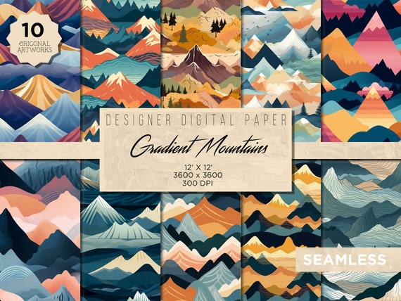 Gradient Mountains | 10 Seamless Prints Digital Paper Illustrated Mountains Repeating Pattern Background Digital Paper commercial use