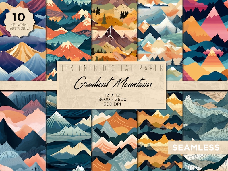 May include: A set of 10 digital papers featuring gradient mountain landscapes in various colors, including blue, green, orange, and pink. The papers are seamless and measure 12 inches by 12 inches at 300 DPI.