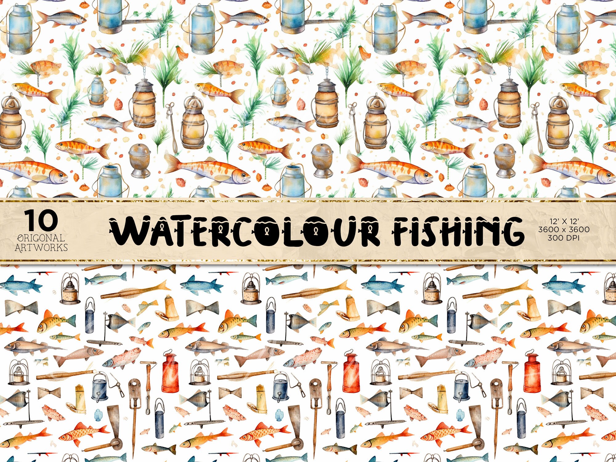 10 Watercolour Fishing Theme | Fishing Seamless Fishing Digital Paper ...