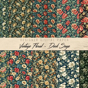 Vintage Floral - Dunkler Salbei | 10 nahtlose Drucke - nahtlose Muster - Scrapbook Papier - Vintage illustriertes Papier