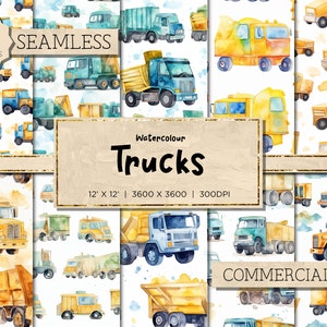 10 camion acquerellati / camion decorazioni per la cameretta dei bambini stampe di costruzione modello camion Tonka camion modello senza cuciture per ribaltamento