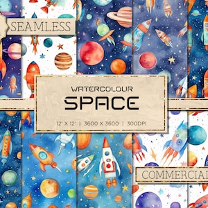 10 Espaço em aquarela | Fundo espacial Papel de parede espacial Espaço sem costura Papel digital Foguete Clipart Galáxia Papel digital