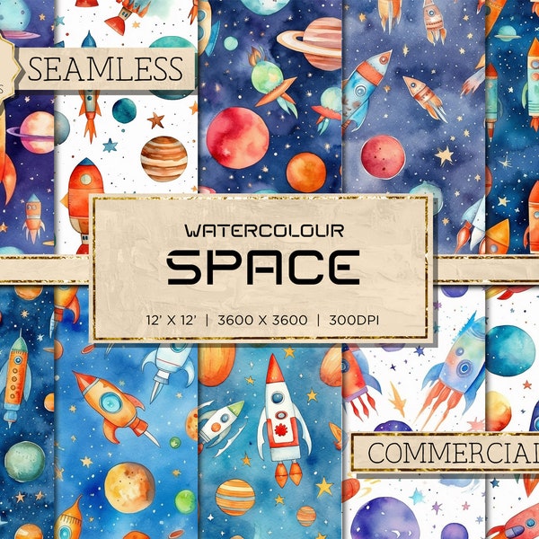 10 Watercolour Space | Space Background Space Wallpaper Space Seamless Space Digital Papers Rocket Clipart Galaxy Digital Paper