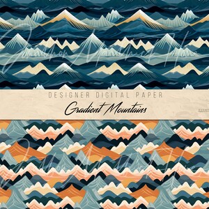May include: A seamless pattern digital paper featuring a gradient mountain landscape in shades of blue, orange, and white. The pattern is perfect for crafting projects, scrapbooking, and digital design.