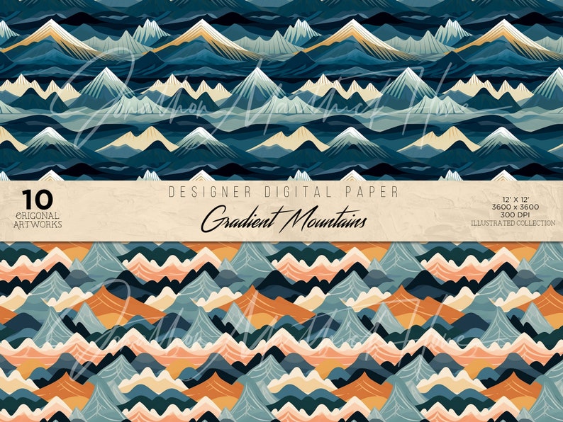 May include: A seamless pattern digital paper featuring a gradient mountain landscape in shades of blue, orange, and white. The pattern is perfect for crafting projects, scrapbooking, and digital design.