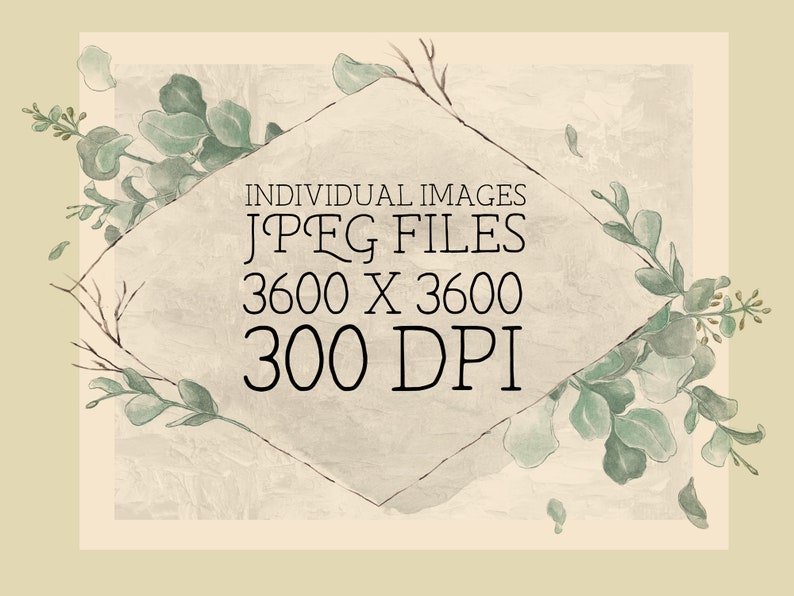 May include: A digital illustration of a watercolor-style floral border with a diamond-shaped frame in the center. The frame contains the text "INDIVIDUAL IMAGES JPEG FILES 3600 X 3600 300 DPI".