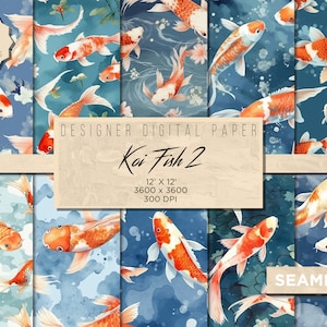 Peut inclure: Dix papiers numériques avec des illustrations aquarellées de poissons koï dans des tons d'orange, de blanc et de noir nageant dans un fond bleu et blanc avec des éclaboussures de couleur. Les motifs sont sans couture et mesurent 30,48 cm par 30,48 cm à 300 DPI.