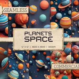 May include: A collection of seamless digital artworks featuring colorful, stylized planets and space-themed designs. The image includes the text "PLANETS SPACE" and "COMMERCIAL USE". Each artwork is 12 x 12 inches and 3600 x 3600 pixels.