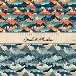 May include: A seamless pattern of gradient mountains in shades of blue, orange, and white. The mountains are layered and overlapping, creating a sense of depth and perspective. The pattern is perfect for use in digital scrapbooking, card making, and other craft projects.