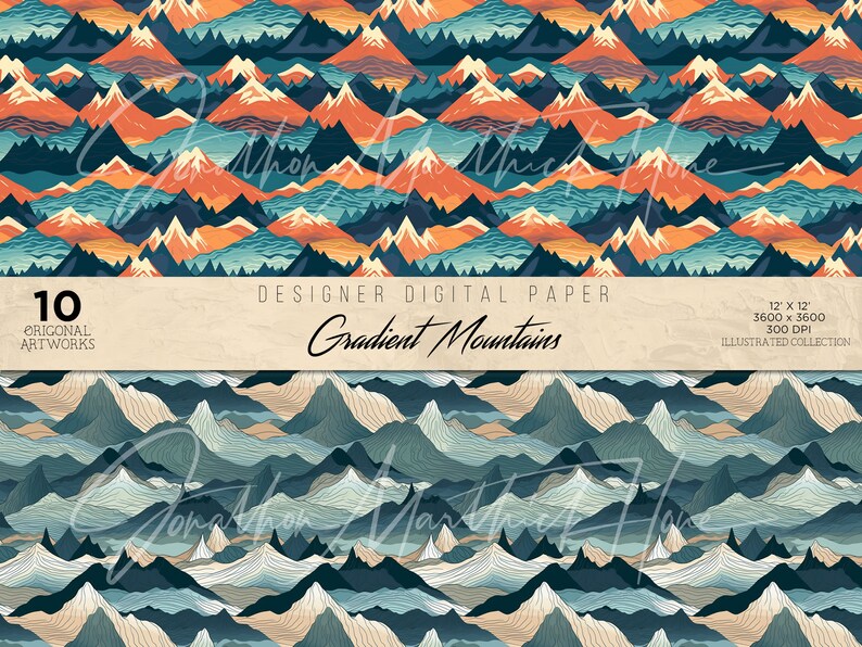 May include: A seamless pattern of gradient mountains in shades of blue, orange, and white. The mountains are layered and overlapping, creating a sense of depth and perspective. The pattern is perfect for use in digital scrapbooking, card making, and other craft projects.