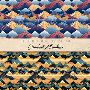 May include: A digital paper pattern featuring a repeating design of gradient mountains in shades of blue, purple, red, yellow, and brown. The pattern is seamless and can be used for a variety of creative projects.