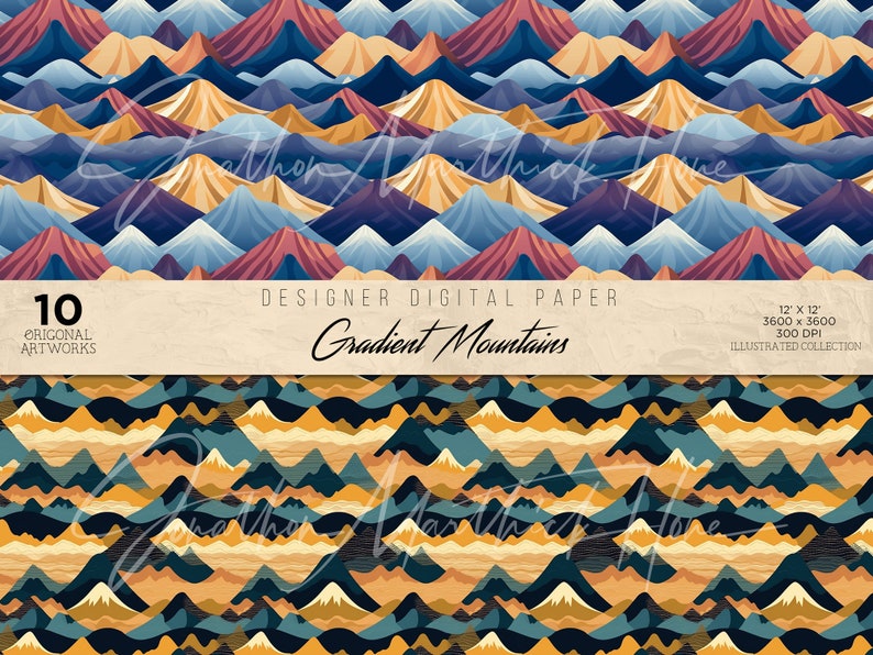 May include: A digital paper pattern featuring a repeating design of gradient mountains in shades of blue, purple, red, yellow, and brown. The pattern is seamless and can be used for a variety of creative projects.