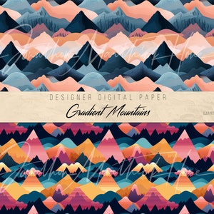 May include: A digital paper pack with 10 original gradient mountain illustrations. The mountains are in shades of blue, pink, orange, and yellow. The paper is 12 inches by 12 inches and 300 DPI.