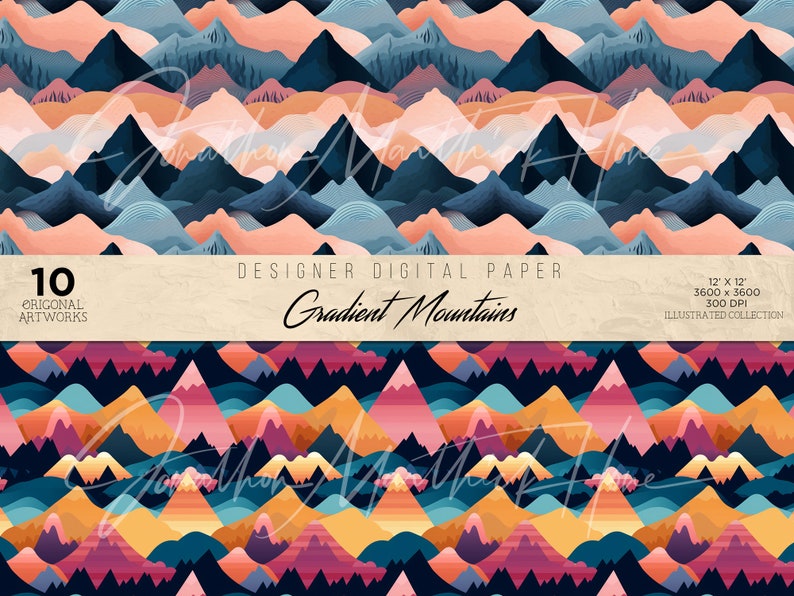 May include: A digital paper pack with 10 original gradient mountain illustrations. The mountains are in shades of blue, pink, orange, and yellow. The paper is 12 inches by 12 inches and 300 DPI.