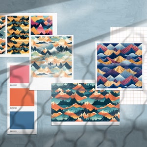 May include: A collection of five digital paper patterns featuring colorful mountain ranges with a variety of colors, including blue, green, yellow, orange, and pink. The patterns are displayed on a light blue background with a grid pattern.