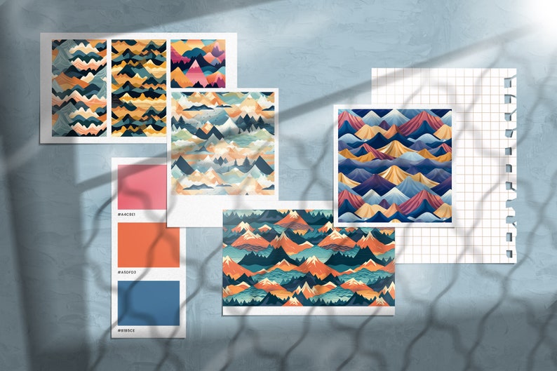 May include: A collection of five digital paper patterns featuring colorful mountain ranges with a variety of colors, including blue, green, yellow, orange, and pink. The patterns are displayed on a light blue background with a grid pattern.