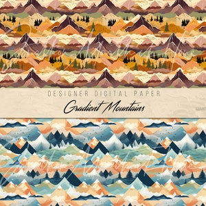 May include: A seamless pattern featuring a repeating design of colorful gradient mountains with trees and clouds. The mountains are in shades of orange, yellow, blue, and green. The pattern is perfect for use in digital scrapbooking, card making, and other craft projects.