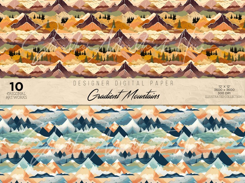 May include: A seamless pattern featuring a repeating design of colorful gradient mountains with trees and clouds. The mountains are in shades of orange, yellow, blue, and green. The pattern is perfect for use in digital scrapbooking, card making, and other craft projects.