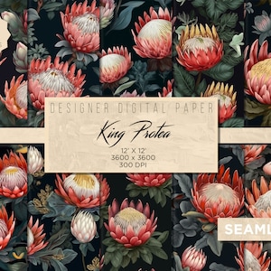 König Protea | 10 Nahtlose Muster Digitales Papier Illustrierte Protea-Wiederholungsmuster Hintergrund Digitales Papier Sublimation kommerzielle Nutzung