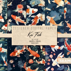 Könnte beinhalten: Zehn digitale Papierdesigns mit Koi-Fischen, die in einem Teich mit Seerosen und anderen Wasserpflanzen schwimmen. Der Hintergrund ist dunkelblau mit einem Aquarelleffekt. Die Designs sind nahtlos und messen 30,48 cm x 30,48 cm bei 300 DPI.