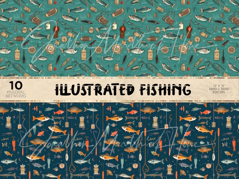 10 Illustrated Fishing Theme | Fishing Seamless Fishing Digital Paper ...