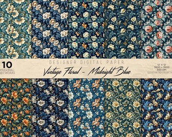 Vintage Floral - Midnight Blue | 10 Seamless Prints - Seamless Pattern - Scrapbook Paper  - Vintage Illustrated Paper
