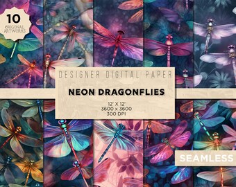 10 Neon Dragonfly | dragonfly patterns seamless dragonflies fairy digital paper insect digital paper dragonfly paper seamless patterns