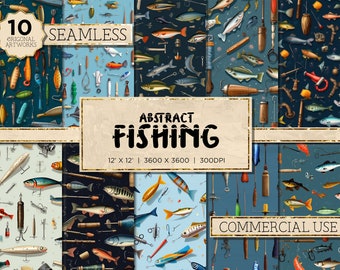 10 Abstract Fishing Theme | Fishing Seamless Fishing Digital Paper Fishing Pattern Fishing Background Commercial