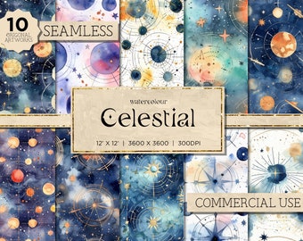 May include: Ten seamless digital paper designs featuring watercolor celestial patterns in shades of blue, gold, and white. The patterns include stars, planets, and constellations.