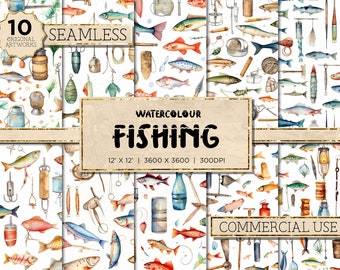 Könnte beinhalten: Digitales Papier-Set mit Aquarell-Fischerei-Thema. Das Bild zeigt verschiedene Fische, Angelwerkzeuge und -ausrüstung. Der Text auf dem Bild lautet "Watercolor Fishing" und "Commercial Use". Das Kunstwerk ist 30,48 cm x 30,48 cm und 3600 x 3600 Pixel groß.