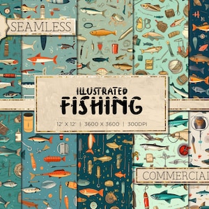 10 Illustrated Fishing Theme | Fishing Seamless Fishing Digital Paper Fishing Pattern Fishing Background Commercial