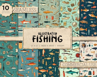 10 Illustrated Fishing Theme | Fishing Seamless Fishing Digital Paper Fishing Pattern Fishing Background Commercial