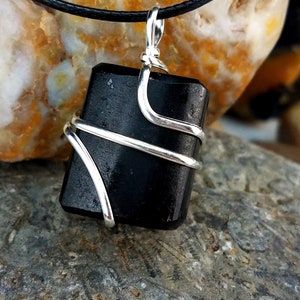 Black Tourmaline Crystal Pendant Necklace, Wire Wrapped Pendant for Protection, Spiritual Healing and Absorbing Negative Energy.