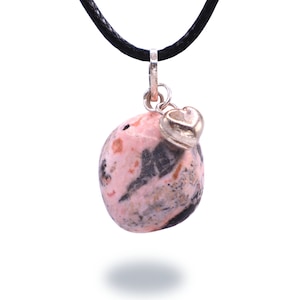Rhodochrosite Pendant with Sterling Silver Heart Charm + Adjustable Cord