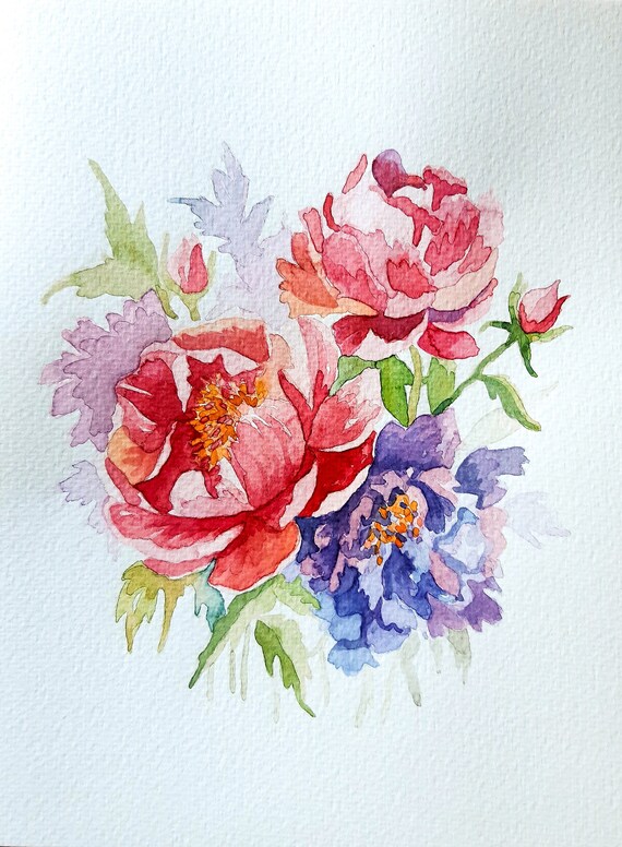 Blumenstrauß - Original Aquarell Malerei - Auf säurefreiem Papier gemalt