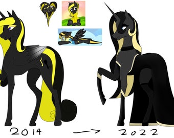 May include: A black and yellow unicorn pony with a black wing, shown in two different poses. The pony on the left is standing with its head held high, while the pony on the right is standing with its head tilted down. The text "2014 -> 2022" is written below the ponies.